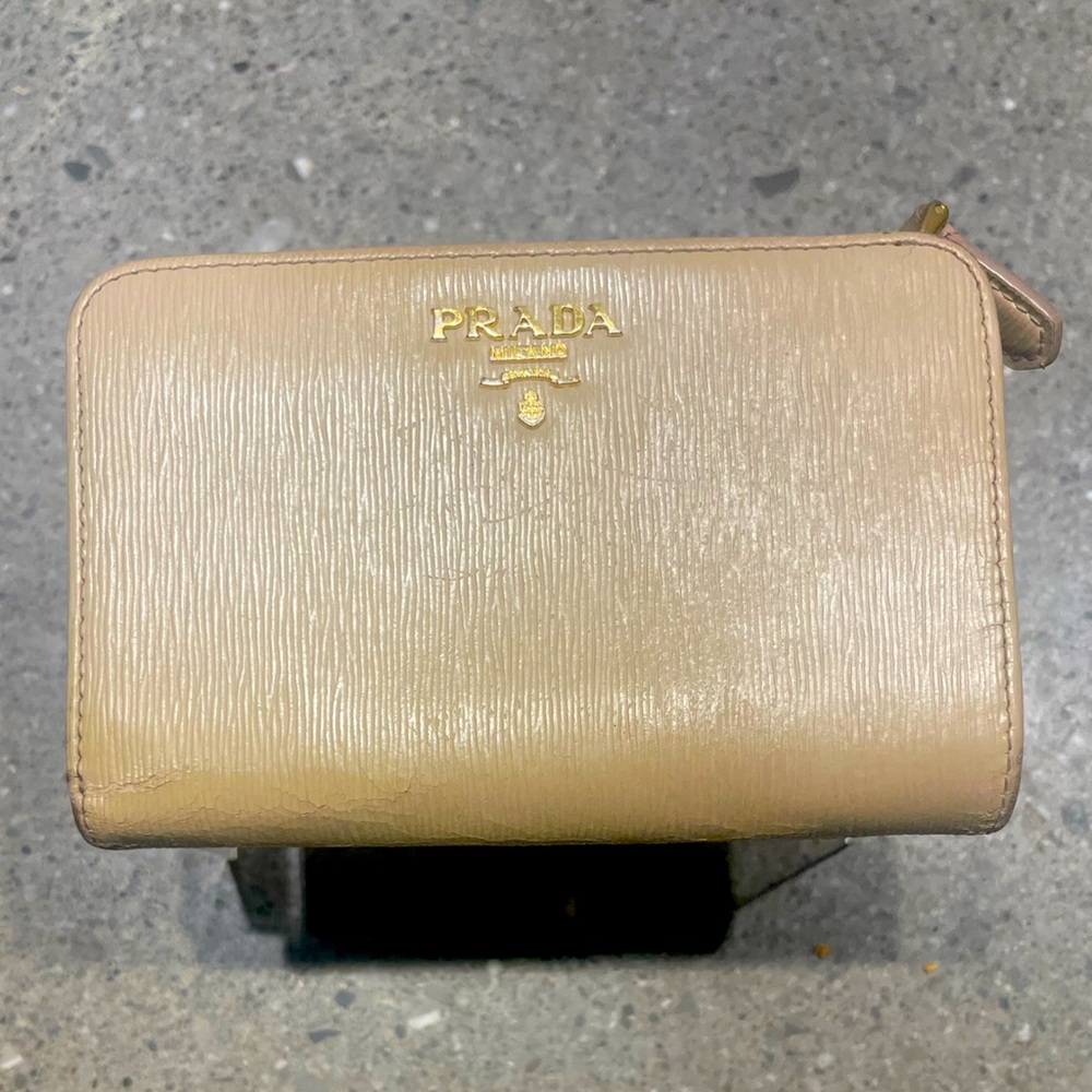 Prada Light Tan Leather Wallet with Gold Logo